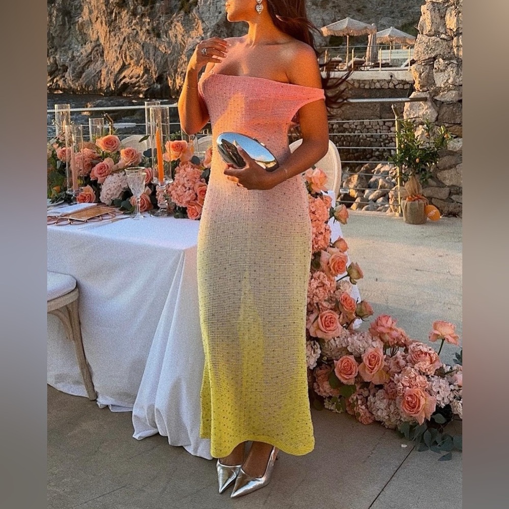 ASOS DESIGN ultimate embellished crochet maxi dress in pink and lemon ombre